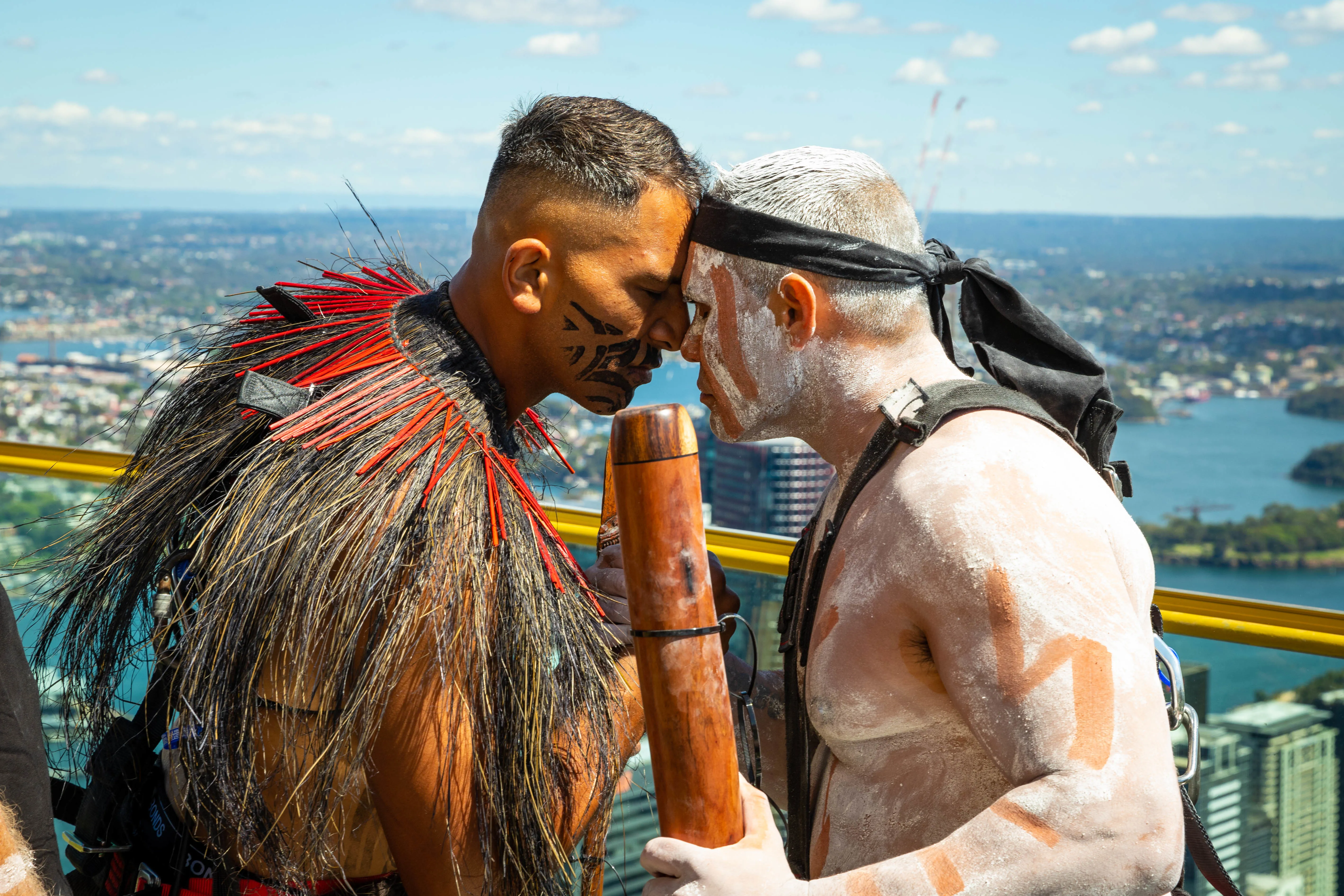 Aroihi Chapman Barber, Ngāpuhi Man Greets Karl Wickey, Sydney Based Wiradjuri Man On SKYWALK At Sydney Tower Eye