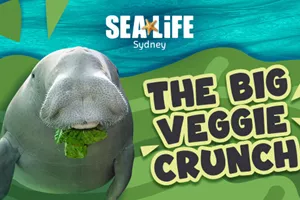 SEA LIFE logo with title The Biggest Veggie Crunch with a picture of a Dugong!