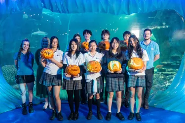 Students, Teacher And Aquarists With Pumpkins